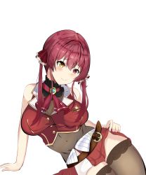 Rule 34 | 1girl, absurdres, asagiri charlotte, cleavage, clothes lift, highres, hololive, houshou marine, red eyes, red hair, see-through, see-through cleavage, self-upload, shirt lift, sitting, thighhighs, twintails, virtual youtuber, yellow eyes