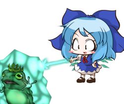 Rule 34 | 1girl, bad id, bad pixiv id, blue hair, blush stickers, bow, cirno, crown, dress, frog, frozen, frozen frog, hair bow, hand on own hip, ice, ice wings, open mouth, ribbon, short hair, simple background, smile, solo, touhou, white background, wings, ziogon