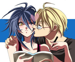 Rule 34 | 00s, 2boys, air gear, blonde hair, blue hair, blush, book, closed eyes, glasses, heart, jewelry, kiss, lowres, male focus, multiple boys, one eye closed, pen, ring, simple background, surprised, trap, udou akira, wanijima agito, wanijima akito, wink, yaoi, yellow eyes