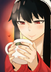Rule 34 | 1girl, :&gt;, absurdres, black hair, blush, close-up, closed mouth, coffee mug, collarbone, commentary request, cup, earrings, gold earrings, hairband, hands up, heart, highres, holding, holding cup, jewelry, lips, long hair, long sleeves, looking at cup, maomi wo, mug, pink lips, pink nails, red eyes, red sweater, sidelocks, smile, solo, spy x family, sweater, upper body, white hairband, yor briar
