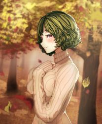 Rule 34 | 1girl, alternate costume, blush, breasts, collared shirt, commentary request, curly hair, falling leaves, from side, green hair, highres, kazami yuuka, kikimifukuri, large breasts, long sleeves, looking at viewer, profile, red eyes, ribbed sweater, shirt, short hair, sleeves past wrists, smile, solo, sweater, touhou, turtleneck, wavy hair