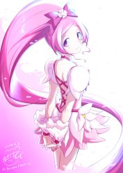Rule 34 | 1girl, 2020, absurdly long hair, absurdres, backless dress, backless outfit, bow, closed mouth, cropped legs, cure blossom, dress, floating hair, from behind, hair bow, hanasaki tsubomi, head tilt, heartcatch precure!, highres, layered skirt, long hair, looking at viewer, looking back, matatabi (karukan222), miniskirt, multicolored clothes, multicolored skirt, parted bangs, pink hair, pink skirt, ponytail, precure, red bow, red eyes, short sleeves, skirt, solo, standing, very long hair, white background, white skirt