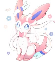 Rule 34 | blue eyes, closed mouth, commentary request, creatures (company), dated, game freak, gen 6 pokemon, heart, highres, nintendo, no humans, okoge (simokaji), pokemon, pokemon (creature), signature, sitting, smile, solo, sylveon, tiara, toes, veil, white background