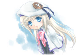 Rule 34 | 1girl, aqua eyes, beret, blonde hair, bow, buttons, cape, hat, large buttons, little busters!, long hair, noumi kudryavka, pink bow, silver hair, smile, solo