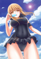 Rule 34 | 1girl, armband, artoria pendragon (all), artoria pendragon (alter swimsuit rider) (first ascension) (fate), artoria pendragon (fate), blonde hair, blue sky, blush, breasts, casual one-piece swimsuit, cloud, covered navel, day, fate/stay night, fate (series), food, frilled swimsuit, frills, from below, gluteal fold, highres, looking at viewer, medium breasts, miuka, official alternate costume, one-piece swimsuit, popsicle, saber (fate), saber alter, sky, solo, standing, swimsuit, taut clothes, taut swimsuit, thighs, type-moon, wind, yellow eyes