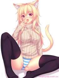 Rule 34 | 1girl, animal ear fluff, animal ears, blonde hair, blush, cat ears, highres, impossible clothes, licking, licking finger, long hair, looking at viewer, no pants, nottytiffy, open mouth, original, panties, red eyes, ribbed sweater, slit pupils, solo, spread legs, striped clothes, striped panties, sweater, thighhighs, tiffy (nottytiffy), tongue, tongue out, turtleneck, turtleneck sweater, underwear, watermark, web address