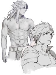 Rule 34 | alternate hair length, alternate hairstyle, armor, belt, breastplate, clenched hand, expressionless, final fantasy, final fantasy i, high collar, highres, long hair, long sleeves, male focus, monochrome, muscular, muscular male, nini tw99, official alternate hair length, official alternate hairstyle, pauldrons, short hair, shoulder armor, simple background, skin tight, turtleneck, warrior of light (ff1), white background