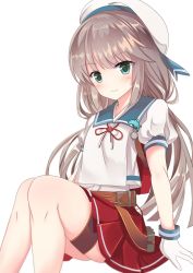 Rule 34 | 1girl, belt, blush, depth charge, fathom, gloves, green eyes, hat, highres, kantai collection, light brown hair, long hair, low twintails, mikura (kancolle), pleated skirt, puffy short sleeves, puffy sleeves, red skirt, sailor collar, sailor hat, sailor shirt, school uniform, serafuku, shirt, short sleeves, simple background, skirt, smile, solo, twintails, white background, white gloves, white hat