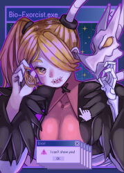 Rule 34 | 1girl, alternate color, black nails, blonde hair, collarbone, detached collar, hair over one eye, hakainoika, highres, leviathan (skullgirls), open mouth, side ponytail, skeletal arm, skullgirls, smile, solo, squigly (skullgirls), star (symbol), stitched mouth, stitches, upper body, vaporwave, windows xp