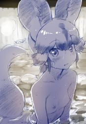 Rule 34 | 1girl, african wild dog (kemono friends), animal ears, blush, breasts, collarbone, commentary request, dog ears, dog tail, greyscale, highres, kemono friends, looking at viewer, masuyama ryou, monochrome, multicolored hair, nipples, nude, onsen, partially submerged, short hair, small breasts, solo, steam, tail, water, water drop