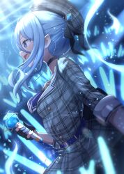 Rule 34 | 1girl, belt, beret, black gloves, blue belt, blue choker, blue eyes, blue hair, blue necktie, choker, collared shirt, crowd, gloves, grey hat, grey jacket, hashira 14, hat, highres, holding, holding microphone, hololive, hoshimachi suisei, hoshimachi suisei (1st costume), jacket, long hair, looking at viewer, microphone, necktie, open mouth, partially fingerless gloves, shirt, smile, solo, star (symbol), star choker, virtual youtuber, white shirt