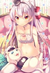 Rule 34 | 10s, 1girl, amatsukaze (kancolle), bell, blush, bra, breasts, cat, cat cutout, cat lingerie, choker, cleavage, cleavage cutout, clothing cutout, couch, hair tubes, jingle bell, kantai collection, long hair, looking at viewer, meme attire, navel, neck bell, panties, red eyes, side-tie panties, silver hair, sitting, small breasts, smile, star (symbol), strap slip, tahya, thighhighs, two side up, underwear, underwear only, white bra, white panties, white thighhighs