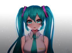Rule 34 | 1girl, ango, ankkoyom, aqua eyes, aqua hair, bad id, bad pixiv id, bare shoulders, breasts, hatsune miku, long hair, looking at viewer, necktie, open mouth, sleeveless, solo, tears, teeth, twintails, vocaloid