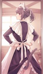Rule 34 | 1girl, animal ears, apron, black dress, braid, cat ears, cat girl, cat tail, dress, e (eokiba), facing away, french braid, frills, from behind, highres, indoors, lamp, legs, lifted by tail, long sleeves, looking back, maid, maid apron, maid headdress, mirror, original, ponytail, purple eyes, purple hair, reflection, solo, table, tail, tying apron, window