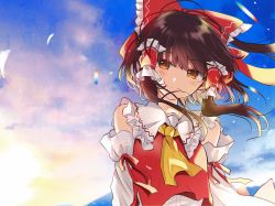 Rule 34 | 1girl, ascot, bare shoulders, blush, bow, brown hair, closed mouth, commentary request, detached sleeves, feathers, frilled bow, frilled shirt collar, frills, gradient sky, hair bow, hair tubes, hakurei reimu, highres, long sleeves, looking at viewer, orange eyes, outdoors, poprication, red bow, red ribbon, ribbon, short hair with long locks, sidelocks, sky, smile, solo, sunlight, touhou, upper body, yellow ascot