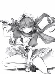 Rule 34 | 1girl, absurdres, ahoge, anchor symbol, bare legs, blunt bangs, braid, braided bangs, breasts, cleavage, cleavage cutout, clothing cutout, dual wielding, frilled skirt, frills, full body, greyscale, hair ribbon, highres, holding, holding sword, holding weapon, hololive, katana, long hair, looking at viewer, maid headdress, medium breasts, minato aqua, minato aqua (1st costume), monochrome, multicolored hair, nanashi (nlo), over shoulder, panties, pantyshot, puffy short sleeves, puffy sleeves, ribbon, scarf, short sleeves, simple background, skirt, smile, solo, squatting, sword, sword over shoulder, twintails, underwear, v-shaped eyebrows, virtual youtuber, weapon, weapon over shoulder, wrist cuffs