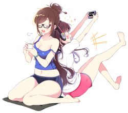 Rule 34 | 2girls, back-to-back, bad id, bad twitter id, bare shoulders, barefoot, bead bracelet, beads, black-framed eyewear, blue shorts, blush, bracelet, breasts, brown eyes, brown hair, cleavage, closed eyes, collarbone, cup, d.va (overwatch), eyebrows, facepaint, facial mark, fingernails, full body, glasses, green tea, hair bun, hair ornament, hair stick, hairpin, handheld game console, headphones, holding, jewelry, large breasts, legs up, long hair, mei (overwatch), midriff, multiple girls, navel, off shoulder, open mouth, overwatch, overwatch 1, pearl bracelet, pinb, pink shorts, playing games, shirt, short hair, shorts, sidelocks, simple background, single hair bun, sitting, small breasts, smile, sparkle, swept bangs, tank top, tea, teacup, wariza, whisker markings, white background, white shirt, yunomi