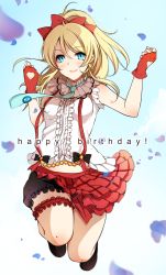 Rule 34 | 10s, 1girl, absurdres, akit (15jamjam), ayase eli, bad id, bad pixiv id, blonde hair, blue eyes, bokura wa ima no naka de, bow, earrings, fingerless gloves, gloves, hair bow, happy birthday, highres, jewelry, jumping, looking at viewer, love live!, love live! school idol project, petals, ponytail, red gloves, skirt, sleeveless, smile, solo, thigh strap