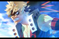 Rule 34 | 1boy, angry, artist name, bakugou katsuki, bare shoulders, blonde hair, blurry, blurry background, boku no hero academia, clenched teeth, collarbone, day, detached sleeves, eye mask, hair ornament, male focus, mkm (mkm storage), muscular, muscular male, red eyes, short hair, solo, spiked hair, teeth