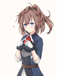 Rule 34 | 1girl, ascot, belt, blue eyes, blue shirt, breasts, brown belt, brown hair, flower, gloves, hair between eyes, heart, highres, kantai collection, long hair, ponytail, red ascot, red flower, red rose, rose, sheffield (kancolle), shirt, short sleeves, small breasts, solo, upper body, white gloves, yakuto007