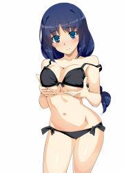 Rule 34 | 1girl, bikini, black bikini, blue eyes, blue hair, blush, breast lift, breasts, character request, cleavage, female focus, large breasts, long hair, looking at viewer, matching hair/eyes, namonashi, navel, ponytail, simple background, solo, strap slip, swimsuit, white background