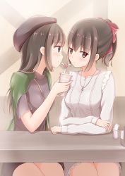 Rule 34 | 2girls, blush, bow, breasts, brown eyes, brown headwear, crossed arms, cup, disposable cup, hair bow, hat, highres, holding, holding cup, indoors, jewelry, kamakama (kdmorh kamakama), long sleeves, looking at another, looking at viewer, medium breasts, multiple girls, necklace, original, red bow, shared straw, sidelocks, sitting, yuri