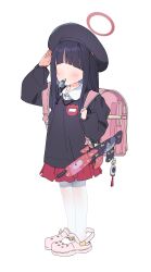 Rule 34 | 1girl, absurdres, aged down, backpack, bag, beret, black hair, black hat, blue archive, child, crocs, dorontabi, faceless, faceless female, full body, halo, hat, highres, justice task force member (blue archive), kindergarten uniform, long hair, name tag, pantyhose, pink footwear, randoseru, red skirt, salute, simple background, skirt, solo, standing, stuffed toy, toy gun, weapon, whistle, white background, white pantyhose