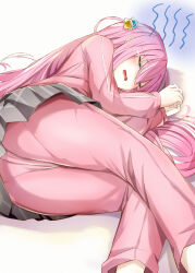 Rule 34 | 1girl, absurdres, ass, bocchi the rock!, closed eyes, cube hair ornament, gotoh hitori, grey skirt, hair ornament, highres, in container, jacket, long hair, lying, on side, one side up, pants, pants under skirt, pantylines, pink hair, pink jacket, pink pants, pink track suit, pleated skirt, skirt, solo, tearing up, tobikaze89, track jacket