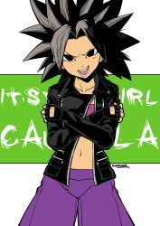 Rule 34 | 10s, 1girl, absurdres, black gloves, black hair, caulifla, commission, cowboy shot, crossed arms, dragon ball, dragon ball super, english text, eudetenis, fingerless gloves, gloves, highres, jacket, looking at viewer, open mouth, solo, spiked hair