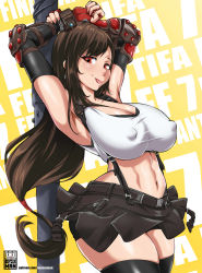 Rule 34 | 1girl, absurdres, bayeuxman, black skirt, breasts, brown hair, covered erect nipples, final fantasy, final fantasy vii, final fantasy vii remake, gloves, highres, jewelry, large breasts, long hair, low-tied long hair, midriff, pole, red eyes, skirt, solo, suspender skirt, suspenders, tank top, thighhighs, tifa lockhart, tongue, tongue out