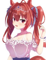 Rule 34 | 1girl, :d, absurdres, animal ears, blue skirt, blush, bow, breasts, brown hair, cleavage, daiwa scarlet (umamusume), fang, frilled shirt, frills, hair between eyes, hair bow, hair intakes, hand up, high-waist skirt, highres, horse ears, horse girl, horse tail, large breasts, long hair, looking at viewer, off-shoulder shirt, off shoulder, open mouth, puffy short sleeves, puffy sleeves, red bow, red eyes, segaxtu, shirt, short sleeves, simple background, skirt, smile, solo, tail, tiara, twintails, umamusume, upper body, very long hair, white background, white shirt