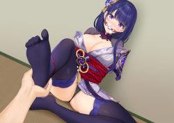 Rule 34 | 1girl, armor, arms behind back, bad id, bad pixiv id, ball gag, bdsm, blush, bondage, bound, breasts, cleavage, closed mouth, dutch angle, feet, floral print, flower, foot focus, full-face blush, gag, gagged, genshin impact, hair ornament, highres, japanese clothes, kimono, large breasts, long hair, looking at viewer, mitsudomoe (shape), mole, mole under eye, mvv, no shoes, obi, obiage, obijime, purple eyes, purple flower, purple hair, purple thighhighs, raiden shogun, ribbon, rope, sash, shoulder armor, sitting, soles, solo focus, tabi, tassel, thighhighs, tomoe (symbol), wiffle gag