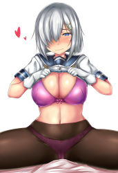 Rule 34 | 1girl, bad id, bad pixiv id, blue eyes, blush, bow, bra, breasts, cameltoe, cleavage, gloves, hair ornament, hair over one eye, hairclip, hamakaze (kancolle), heart, heart-shaped pupils, highres, kantai collection, large breasts, lifted by self, looking at viewer, neckerchief, on bed, panties, panties under pantyhose, pantyhose, pink bow, pink bra, pink panties, school uniform, serafuku, short hair, silver hair, sitting, solo, spread legs, symbol-shaped pupils, terakoya, underwear, white background, white gloves, yellow neckerchief