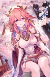 Rule 34 | 1girl, alcohol, animal ears, bare shoulders, blush, branch, breasts, cherry blossoms, cup, day, detached sleeves, earrings, fingernails, floral print, flower, fox ears, gem, genshin impact, gold trim, hair between eyes, hair ornament, hand up, highres, holding, holding flower, house, japanese clothes, jewelry, large breasts, long fingernails, long hair, long sleeves, looking at viewer, marekamico, mitsudomoe (shape), nail polish, nontraditional miko, outdoors, petals, pink flower, pink hair, pink nails, purple eyes, purple gemstone, red skirt, sake, shirt, sidelocks, sitting, skirt, smile, solo, tassel, teeth, tomoe (symbol), tree, vision (genshin impact), white shirt, wide sleeves, yae miko