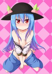 Rule 34 | 1girl, argyle, argyle background, argyle clothes, bare shoulders, barefoot, binsen, blue hair, blush, clothes pull, covering crotch, covering privates, feet, female focus, food, fruit, hat, hinanawi tenshi, long hair, no panties, off shoulder, open clothes, open shirt, peach, pink background, red eyes, shirt, sitting, skirt, skirt pull, solo, tears, touhou, v arms, wariza