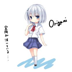 Rule 34 | 10s, 1girl, blue eyes, blush, character name, chibi, date a live, kaguyuu, looking at viewer, ribbon, school uniform, short hair, simple background, skirt, smile, solo, tobiichi origami, white background, white hair