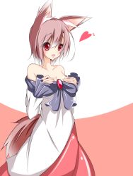Rule 34 | 1girl, alternate hair length, alternate hairstyle, animal ears, asn s, bare shoulders, breasts, brown hair, cleavage, collarbone, dress, heart, highres, imaizumi kagerou, long sleeves, off shoulder, open mouth, red eyes, short hair, small breasts, smile, solo, tail, touhou, wide sleeves, wolf ears, wolf tail