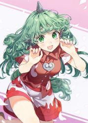 Rule 34 | 1girl, :d, akizuki haruhi, breasts, claw pose, cloud print, commentary request, curly hair, fang, feet out of frame, geta, green eyes, green hair, grey background, hands up, heart, horns, kariyushi shirt, komano aunn, long hair, looking at viewer, medium breasts, open mouth, pink background, red shirt, shirt, short sleeves, shorts, single horn, skin fang, smile, solo, tail, thighs, touhou, two-tone background, very long hair, white shorts