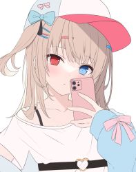 Rule 34 | 1girl, baseball cap, blue bow, blue eyes, blue hat, blue jacket, bow, brown hair, cellphone, closed mouth, collarbone, commentary, hair ornament, hairclip, hand up, hat, heart o-ring, heterochromia, highres, hitsukuya, holding, holding phone, jacket, long hair, long sleeves, looking at viewer, off shoulder, one side up, original, phone, puffy long sleeves, puffy sleeves, red eyes, shirt, short sleeves, simple background, sleeves past wrists, solo, upper body, white background, white shirt