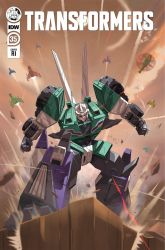 Rule 34 | aircraft, airplane, autobot, bumblebee, clenched hands, comic cover, copyright name, cover, cover page, decepticon, fighter jet, helicopter, highres, jet, looking down, mecha, military, military vehicle, no humans, official art, purple eyes, robot, science fiction, sixshot (transformers), solo, the transformers (idw), transformers, zeromayhem