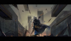 Rule 34 | 1girl, animal ears, arknights, back, bare legs, blue cloak, blurry, carrying, cat ears, city, cloak, dadijiji, day, depth of field, from behind, highres, letterboxed, long hair, originium (arknights), outdoors, rosmontis (arknights), rubble, silver hair, solo, twintails, wind