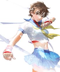 Rule 34 | 1girl, blue sailor collar, blue skirt, brown eyes, brown hair, capcom, cofffee, cowboy shot, crop top, fighting stance, hair between eyes, hand guard, headband, kasugano sakura, looking at viewer, midriff, neck ribbon, neckerchief, outstretched arm, pleated skirt, puffy short sleeves, puffy sleeves, red shirt, ribbon, sailor collar, school uniform, serafuku, shirt, short hair, short sleeves, skirt, solo, street fighter, turtleneck, white background, white headband, white shirt, yellow neckerchief