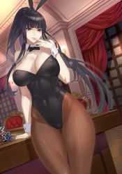Rule 34 | 1girl, animal ears, arm support, artist request, bare shoulders, black hair, black leotard, breasts, brown pantyhose, casino, cleavage, curvy, detached collar, fake animal ears, gambling, hand to own mouth, high ponytail, highleg, highleg leotard, hime cut, jabami yumeko, kakegurui, large breasts, leotard, lipstick, long hair, looking at viewer, makeup, pantyhose, playboy bunny, poker chip, ponytail, rabbit ears, resolution mismatch, shiny clothes, smile, solo, source larger, very long hair