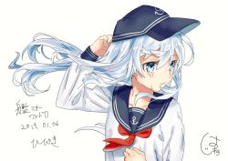 Rule 34 | 1girl, adjusting clothes, adjusting headwear, anchor symbol, blue eyes, blue sailor collar, closed mouth, collarbone, commentary request, crying, crying with eyes open, dated, fingernails, flat cap, hair between eyes, hand on own chest, hat, hatu xxgoukan, hibiki (kancolle), kantai collection, long hair, long sleeves, looking to the side, neckerchief, one-hour drawing challenge, red neckerchief, sailor collar, school uniform, serafuku, signature, simple background, solo, tears, translated, upper body, white background, white hair