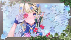Rule 34 | 1girl, blonde hair, blue eyes, blue flower, blush, border, bow, commentary request, copyright request, covering one eye, elf, facial mark, flower, gem, gloves, green bow, hair bow, hair flower, hair ornament, hand up, holding, ivy, jigsaw puzzle, leaf, long hair, ne-on, nose blush, parted lips, pink neckwear, pointy ears, puzzle, short hair with long locks, short sleeves, sidelocks, solo, teardrop, treble clef, upper body, white gloves