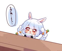 Rule 34 | 0725akaba, 1girl, :d, animal ear fluff, animal ears, black gloves, blue hair, blush, braid, card, carrot hair ornament, chibi, commentary request, don-chan (usada pekora), food-themed hair ornament, gloves, hair ornament, highres, holding, holding card, hololive, long hair, multicolored hair, open mouth, rabbit ears, red eyes, short eyebrows, simple background, smile, solo, thick eyebrows, translation request, twin braids, twintails, two-tone hair, usada pekora, usada pekora (1st costume), very long hair, virtual youtuber, white background, white hair