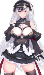 Rule 34 | 1girl, absurdres, aged up, asm ln, azur lane, bare shoulders, black gloves, black hair, black hat, black thighhighs, blue eyes, blush, breasts, closed mouth, cowboy shot, elbe (azur lane), gloves, hair ornament, hand on own chest, hat, highres, large breasts, long hair, long sleeves, looking at viewer, multicolored hair, silver hair, smile, solo, streaked hair, thighhighs, thighs