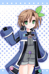 Rule 34 | 10s, 1girl, arm up, bandaid, blush, bow, brown hair, buttons, cellphone, child, collarbone, female focus, green eyes, hair bow, hair ornament, highres, if (neptunia), jacket, kami jigen game neptune v, long sleeves, looking at viewer, neptune (series), open clothes, open jacket, phone, short hair, sleeves past wrists, smile, solo, whitey