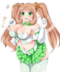 Rule 34 | 10s, 1girl, ^^^, areola slip, armlet, bare shoulders, blush, breasts, brooch, bustier, cleavage, detached collar, elbow gloves, flying sweatdrops, frilled skirt, frills, gloves, hair bobbles, hair ornament, jewelry, komukai nataco, large breasts, long hair, midriff, navel, open mouth, senran kagura, senran kagura new wave, simple background, skirt, solo, sweatdrop, tamaki (senran kagura), thighhighs, twintails, white background, white gloves