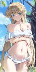 Rule 34 | 1girl, absurdres, beach, bikini, blonde hair, blue archive, blue eyes, blue halo, blue sky, blurry, blurry background, braid, breasts, cloud, cowboy shot, day, french braid, halo, highres, large breasts, long hair, may9, navel, outdoors, sky, solo, standing, strapless, strapless bikini, swimsuit, toki (blue archive), very long hair, wet, white bikini